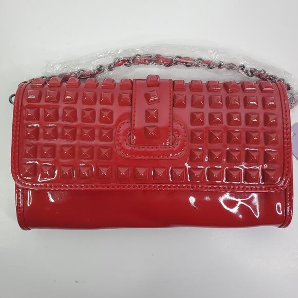 navoh Red Purse Studded Envelope Clutch short metal Chain Strap paisley Lined - Picture 3 of 15